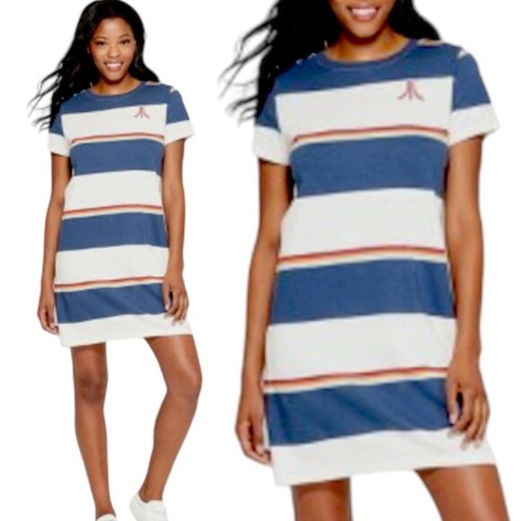 Junk Food Clothing T Shirt Dress Short Sleeve Wide Striped Blue White Size Small - Picture 1 of 8